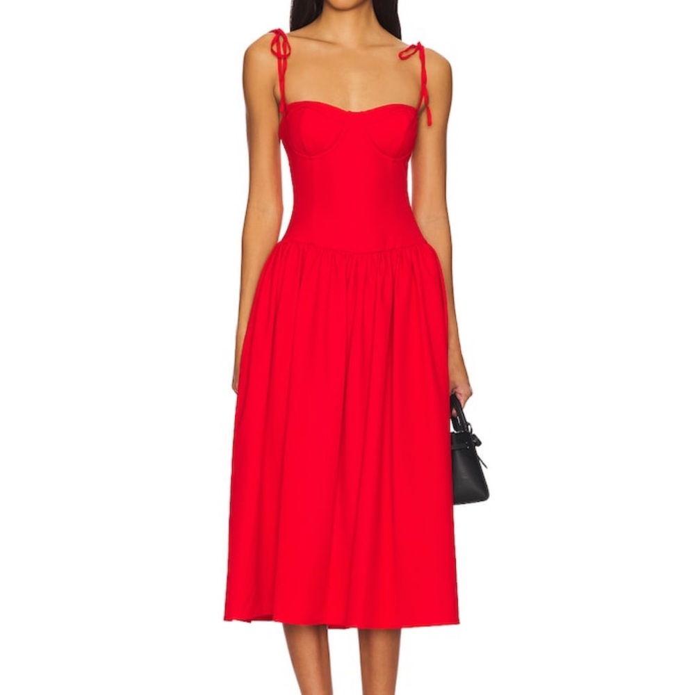 Red Tie-Strap Midi Dress by more to
Come